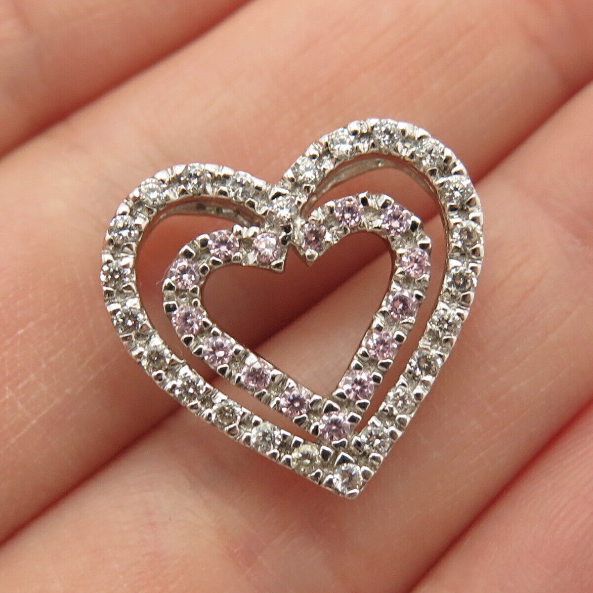 925 Sterling Silver White & Pink C Z Double Heart Slide Pendant