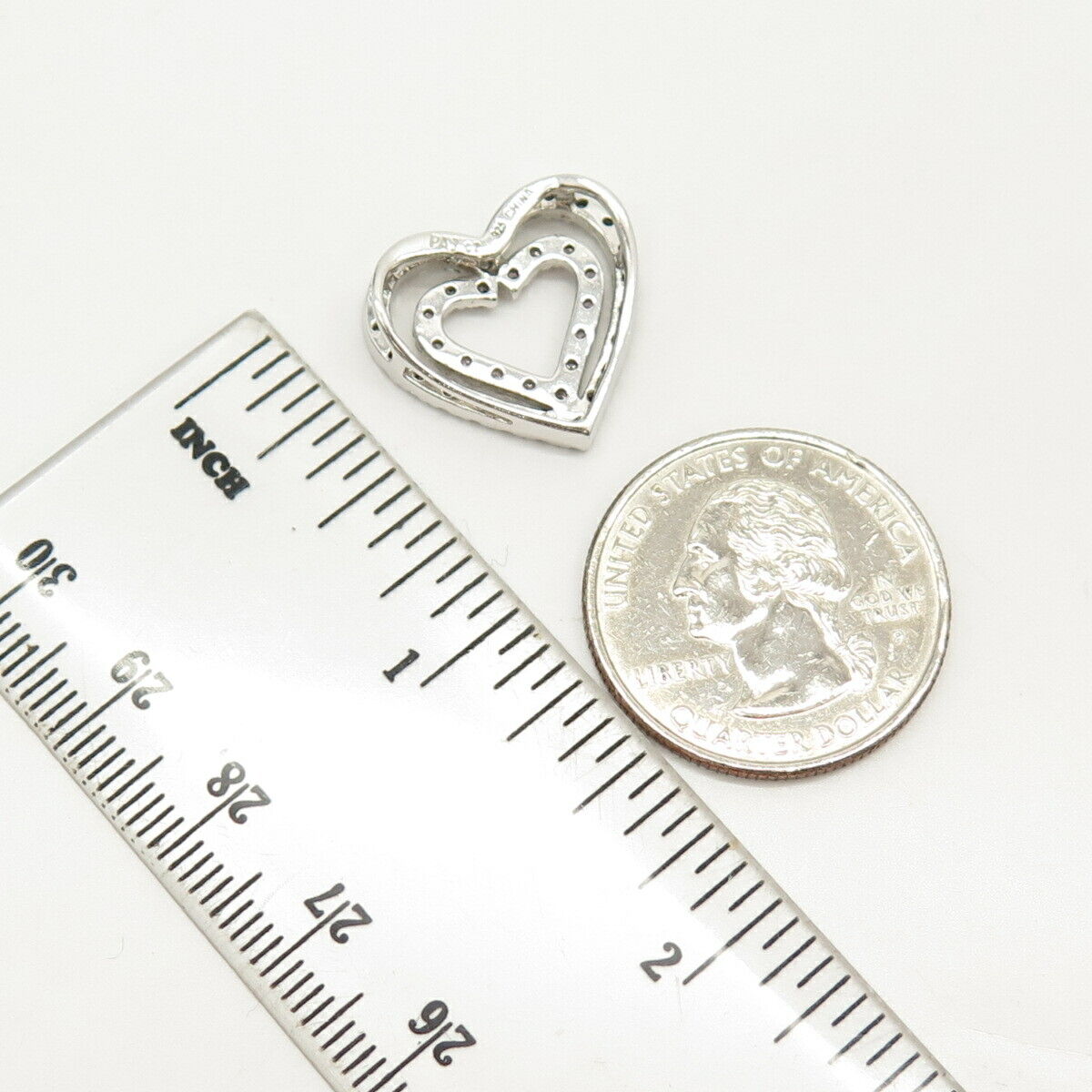 925 Sterling Silver White & Pink C Z Double Heart Slide Pendant