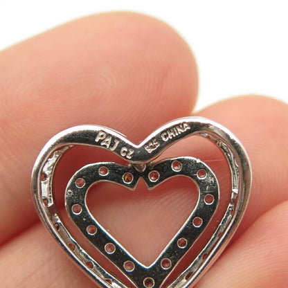 925 Sterling Silver White & Pink C Z Double Heart Slide Pendant