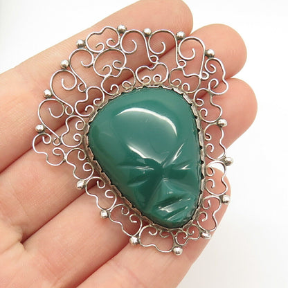 925 Sterling Silver Vintage Mexico Real Green Onyx Gem Tribal God Pin Brooch
