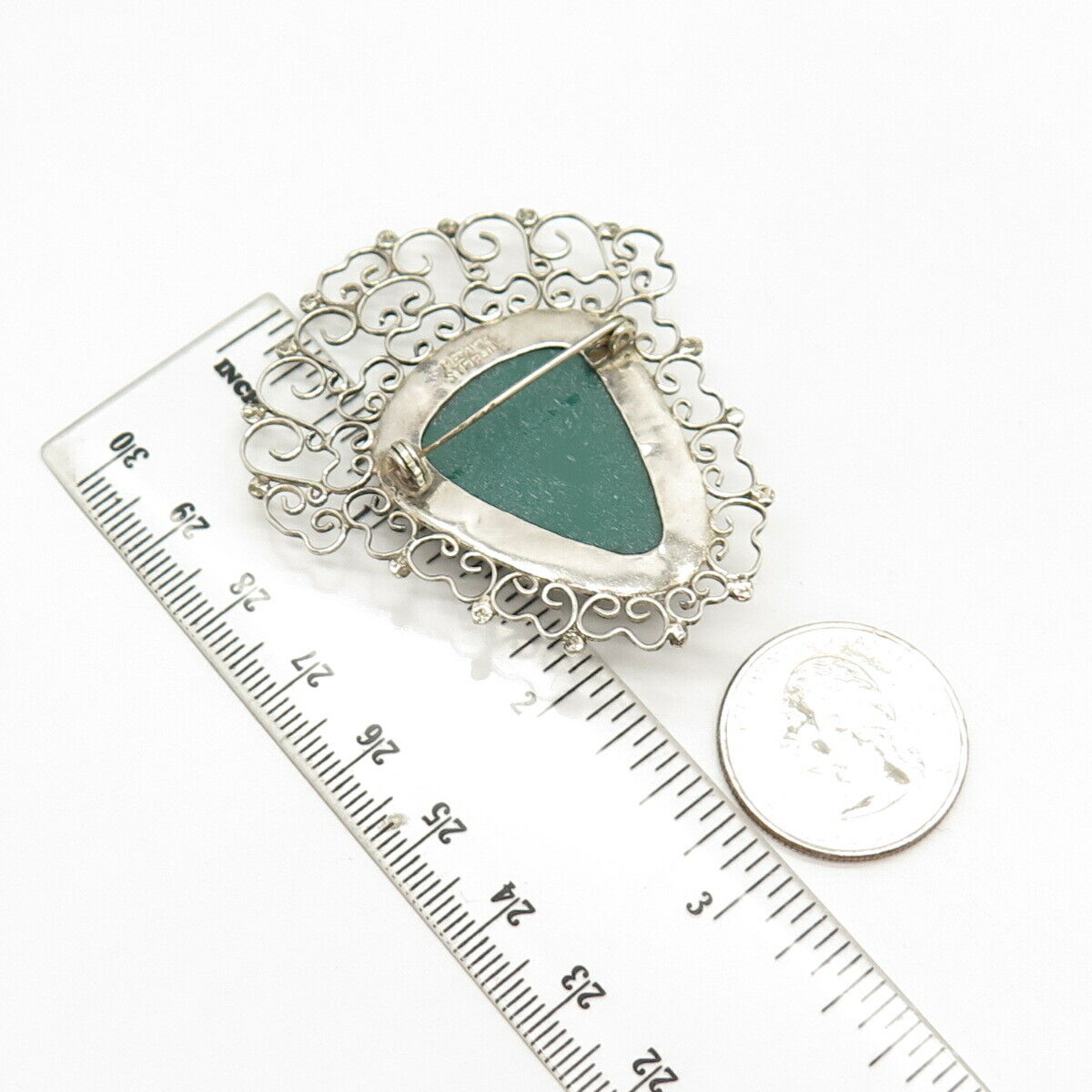 925 Sterling Silver Vintage Mexico Real Green Onyx Gem Tribal God Pin Brooch