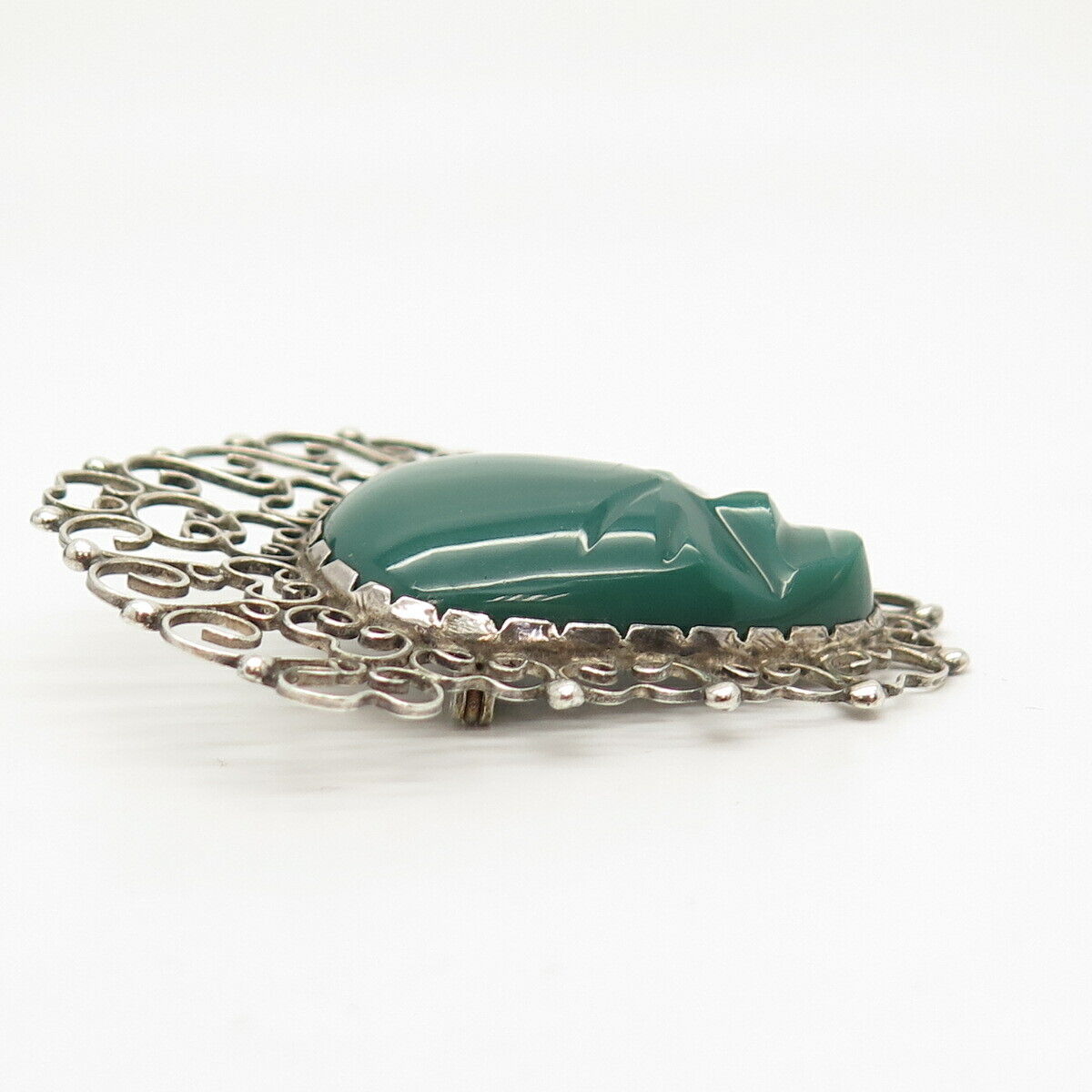 925 Sterling Silver Vintage Mexico Real Green Onyx Gem Tribal God Pin Brooch