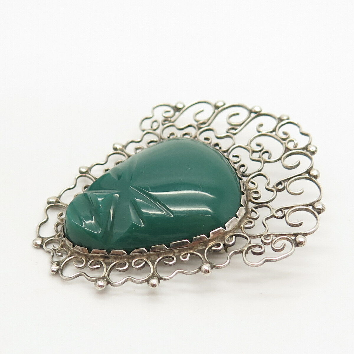925 Sterling Silver Vintage Mexico Real Green Onyx Gem Tribal God Pin Brooch