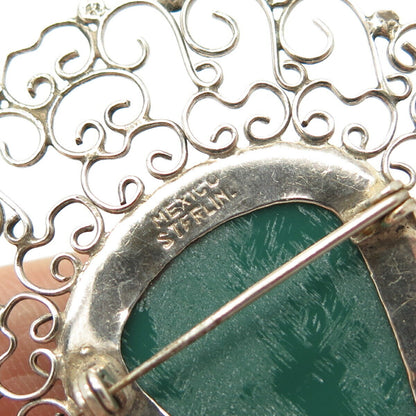 925 Sterling Silver Vintage Mexico Real Green Onyx Gem Tribal God Pin Brooch