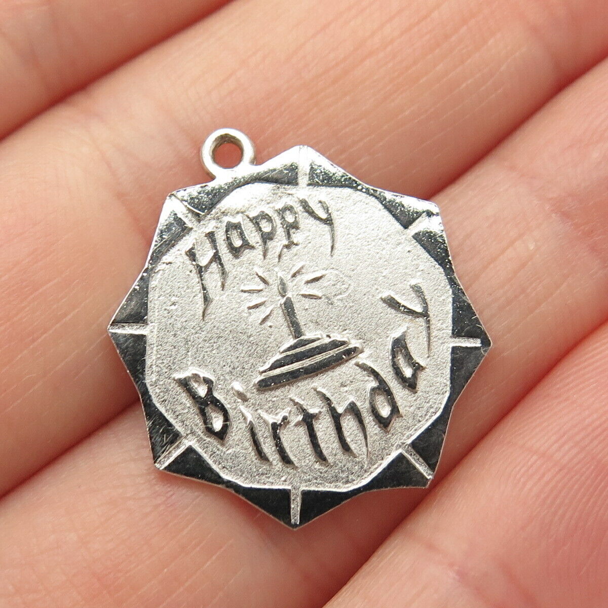 925 Sterling Silver Vintage "Happy Birthday" Candle Round Pendant