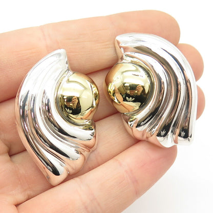 925 Sterling Silver 2-Tone Vintage Mexico Ribbed Hollow Clip On Earrings