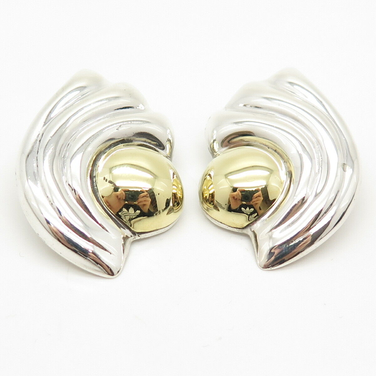 925 Sterling Silver 2-Tone Vintage Mexico Ribbed Hollow Clip On Earrings