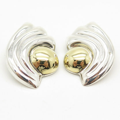 925 Sterling Silver 2-Tone Vintage Mexico Ribbed Hollow Clip On Earrings