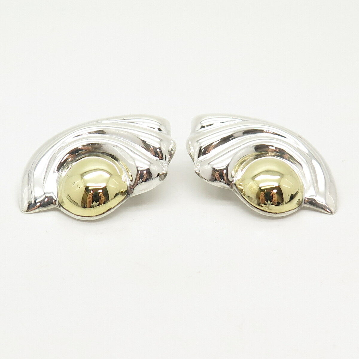 925 Sterling Silver 2-Tone Vintage Mexico Ribbed Hollow Clip On Earrings