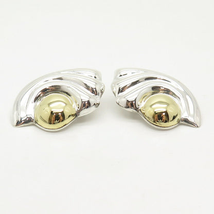 925 Sterling Silver 2-Tone Vintage Mexico Ribbed Hollow Clip On Earrings