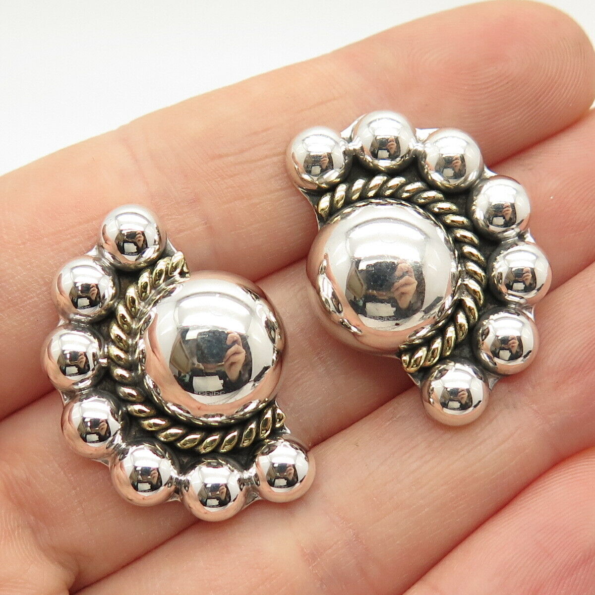 925 Sterling Silver 2-Tone Vintage Mexico Ethnic Hollow Earrings