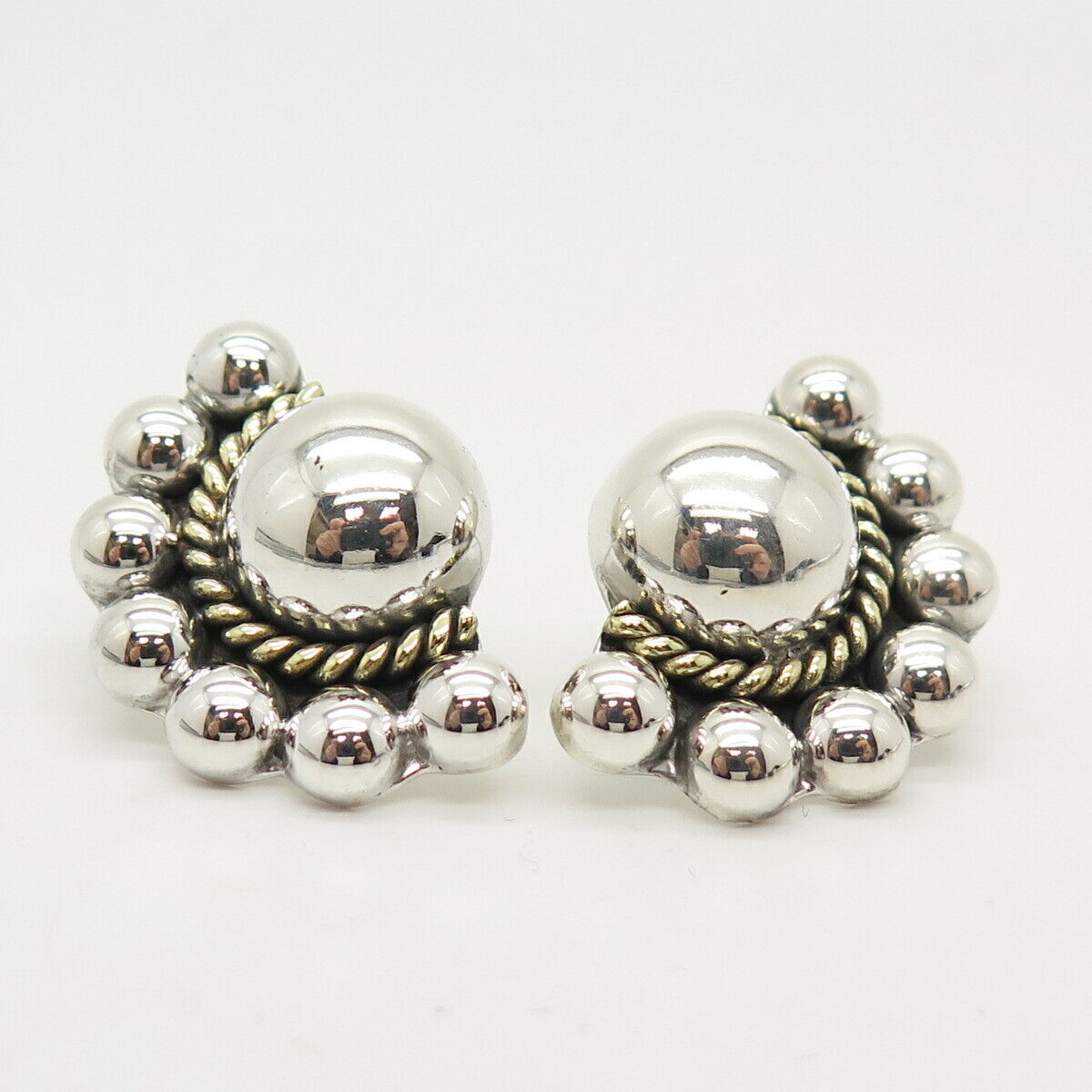 925 Sterling Silver 2-Tone Vintage Mexico Ethnic Hollow Earrings