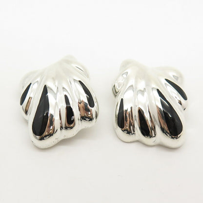 925 Sterling Silver Vintage Mexico Black Onyx Gemstone Ribbed Clip On Earrings