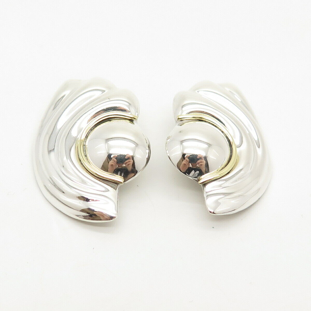 925 Sterling Silver 2-Tone Vintage Mexico Ribbed Clip On Earrings