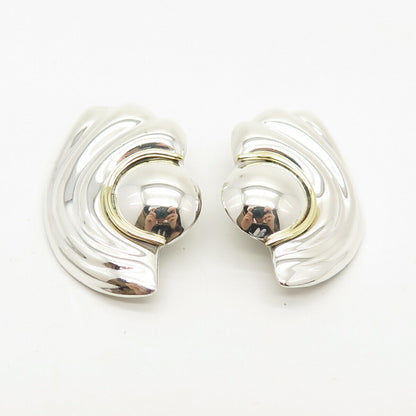 925 Sterling Silver 2-Tone Vintage Mexico Ribbed Clip On Earrings