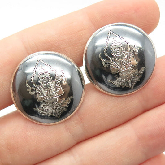 925 Sterling Silver Vintage Niello Hindu Goddess Cufflinks