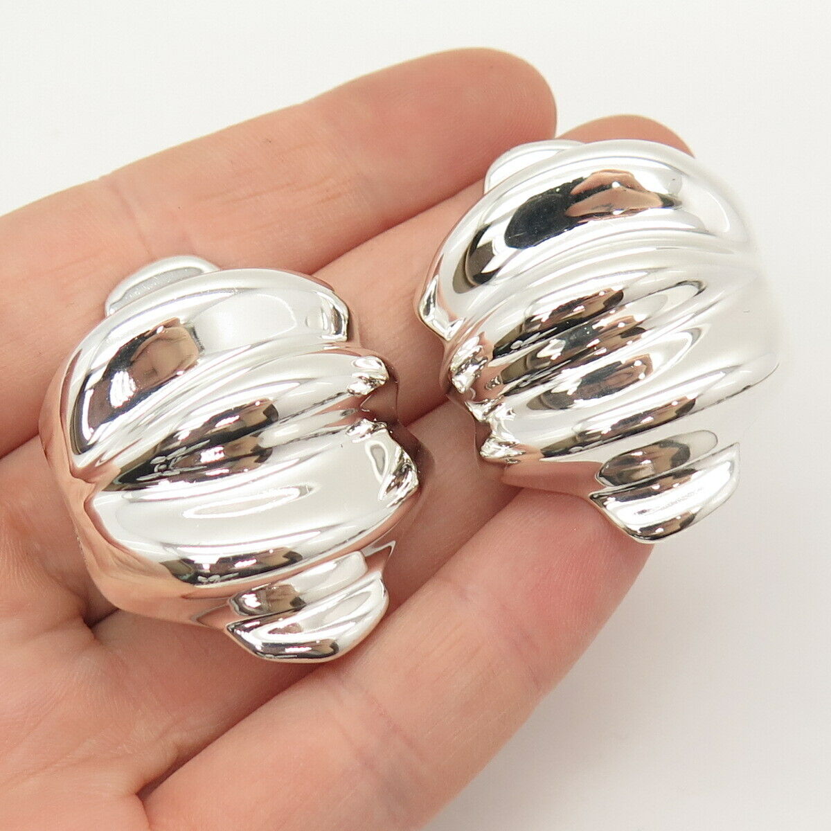 925 Sterling Silver Vintage Mexico Concave Design Clip On Earrings