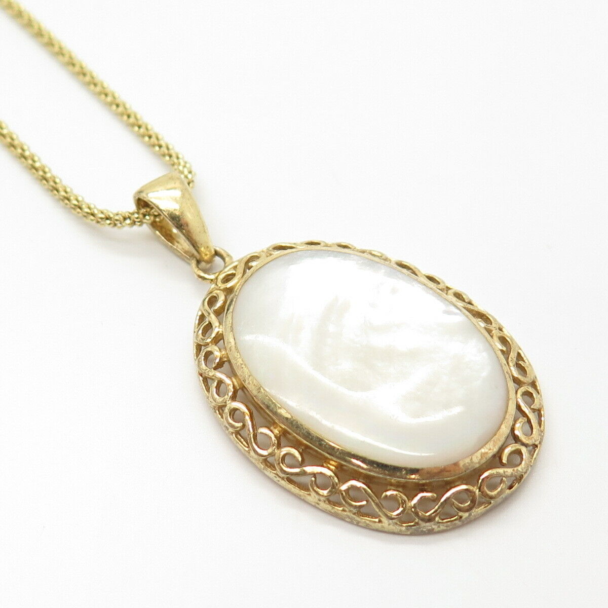 925 Sterling Silver Gold Plated Italy MOP Pendant Popcorn Chain Necklace 15"