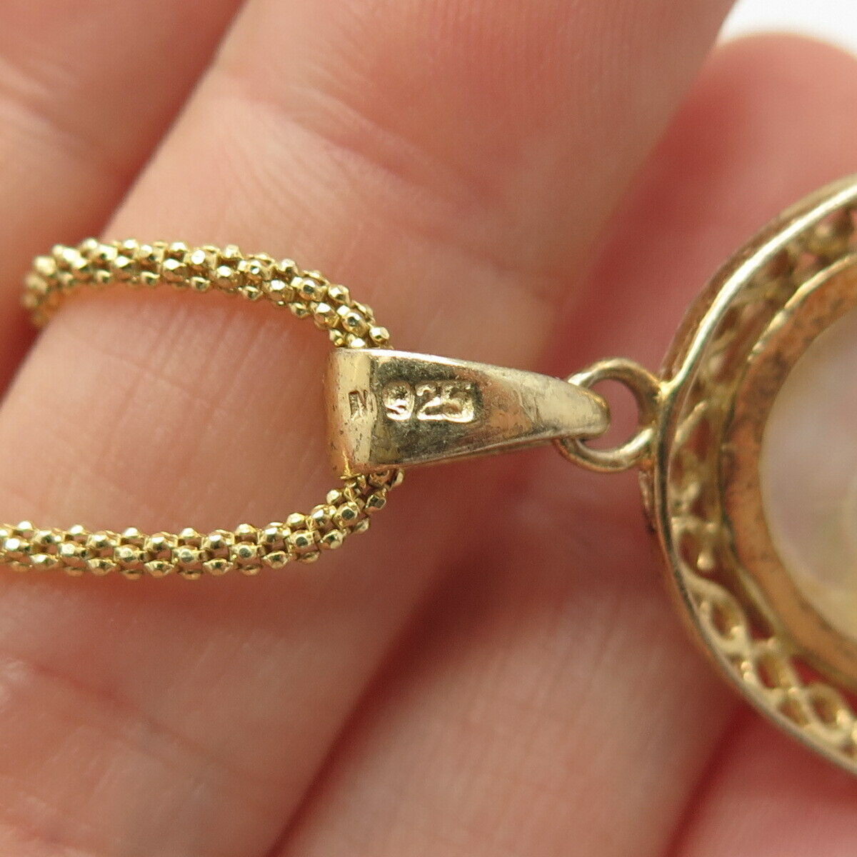 925 Sterling Silver Gold Plated Italy MOP Pendant Popcorn Chain Necklace 15"