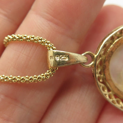 925 Sterling Silver Gold Plated Italy MOP Pendant Popcorn Chain Necklace 15"