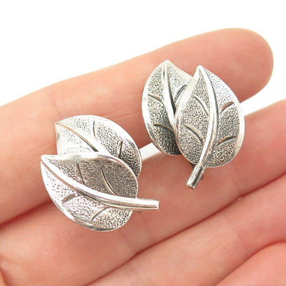 925 Sterling Silver Vintage BEAU Textured Leaves Screw Back Earrings