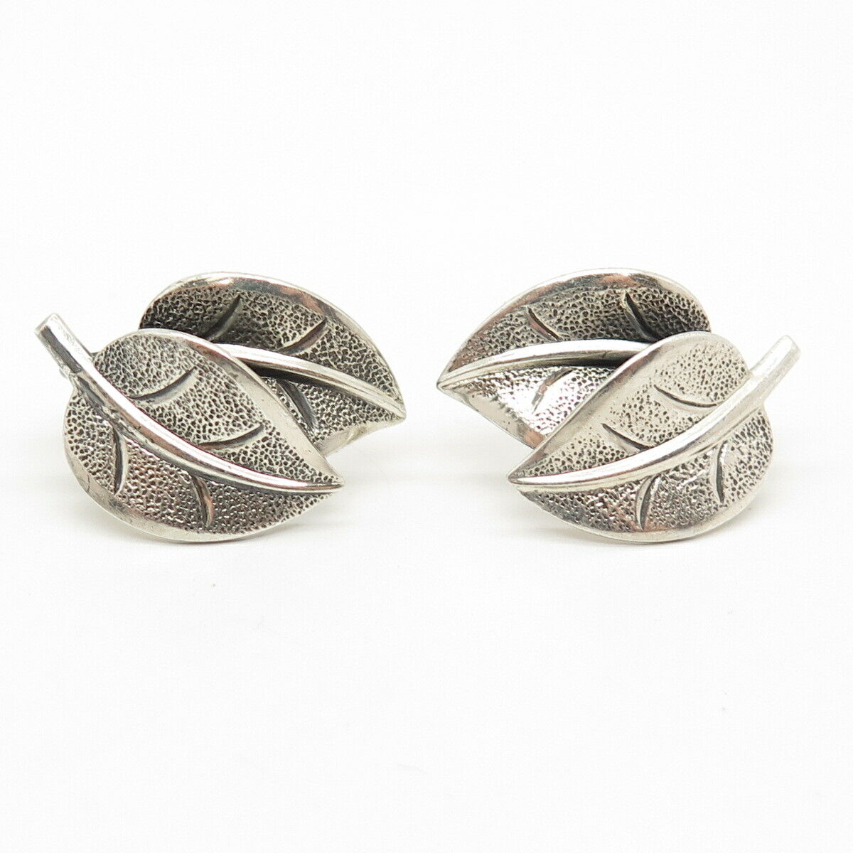 925 Sterling Silver Vintage BEAU Textured Leaves Screw Back Earrings