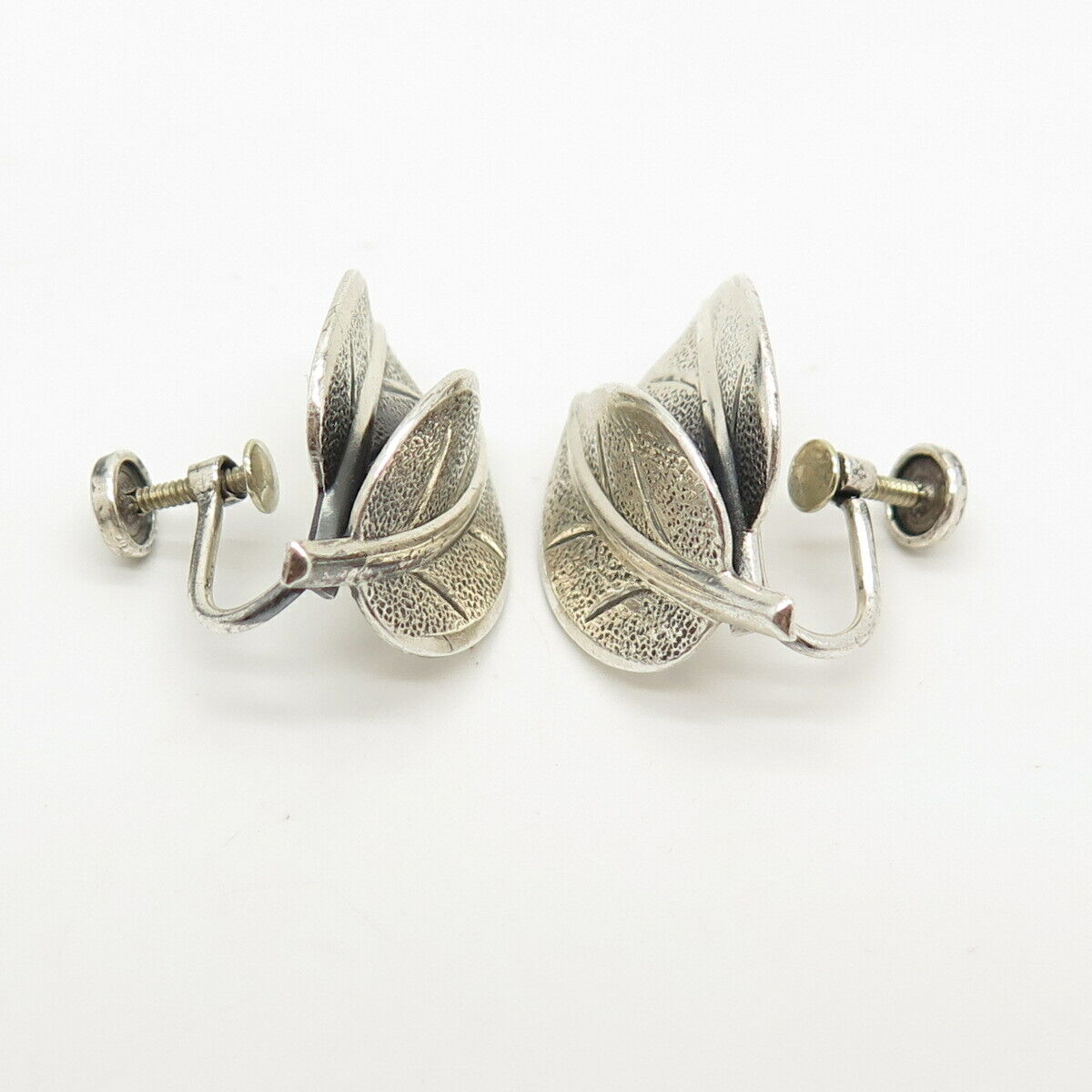 925 Sterling Silver Vintage BEAU Textured Leaves Screw Back Earrings