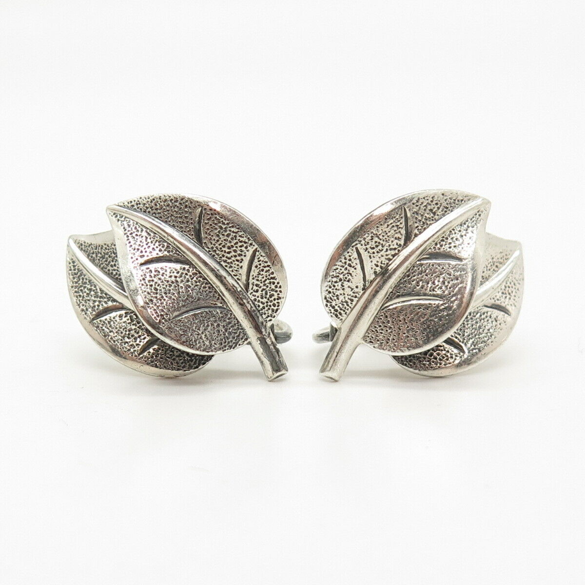 925 Sterling Silver Vintage BEAU Textured Leaves Screw Back Earrings