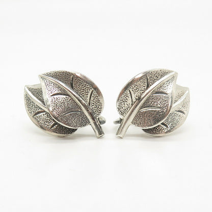 925 Sterling Silver Vintage BEAU Textured Leaves Screw Back Earrings