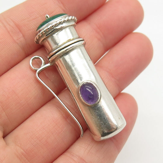 925 Sterling Silver Vintage Real Amethyst & Malachite Gem Pitcher Pendant