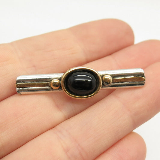 925 Sterling Silver 2-Tone Vintage Real Black Onyx Gem Pin Brooch