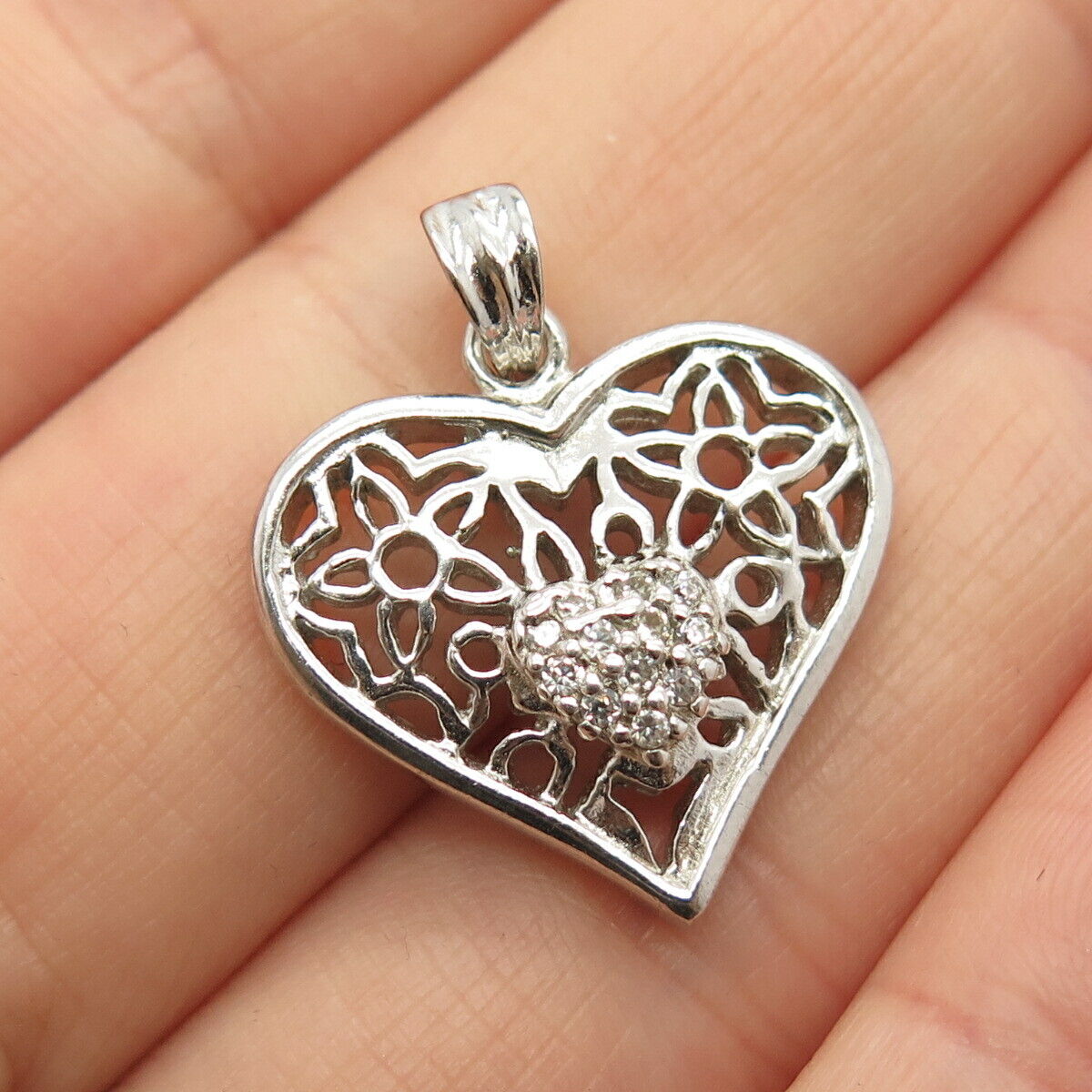 925 Sterling Silver Pave C Z Floral & Heart Pendant