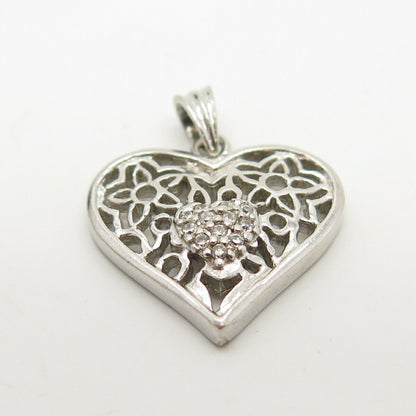 925 Sterling Silver Pave C Z Floral & Heart Pendant