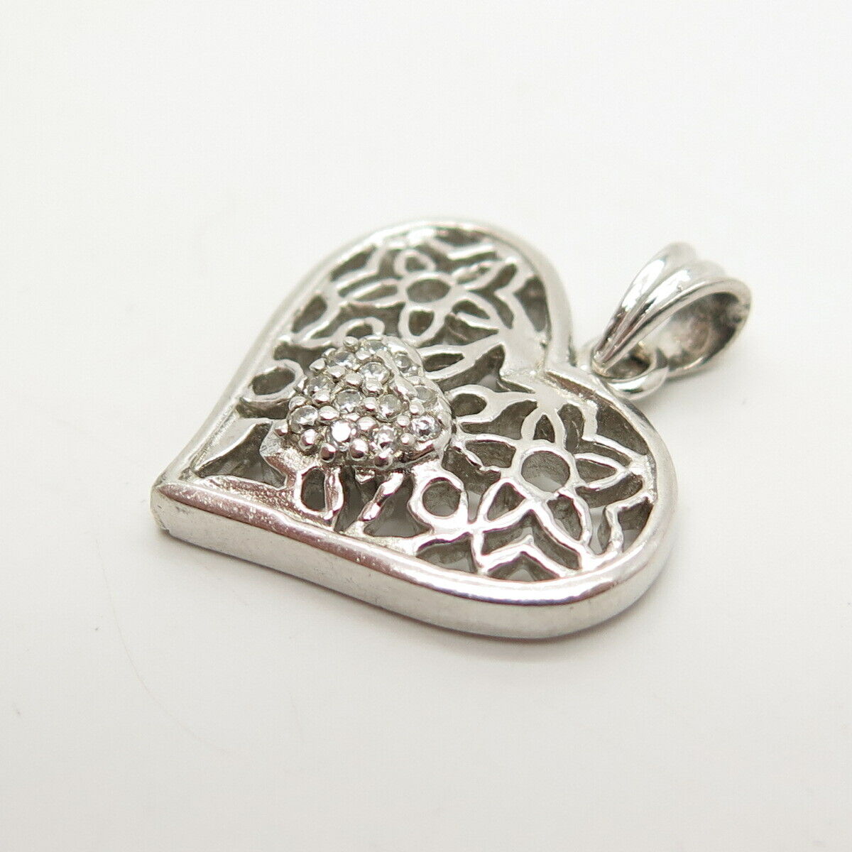 925 Sterling Silver Pave C Z Floral & Heart Pendant