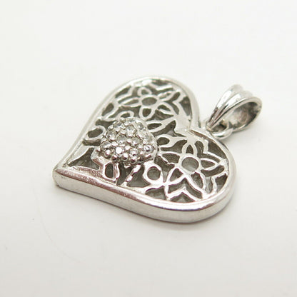 925 Sterling Silver Pave C Z Floral & Heart Pendant