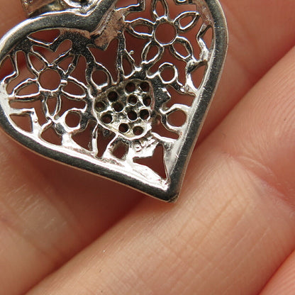 925 Sterling Silver Pave C Z Floral & Heart Pendant