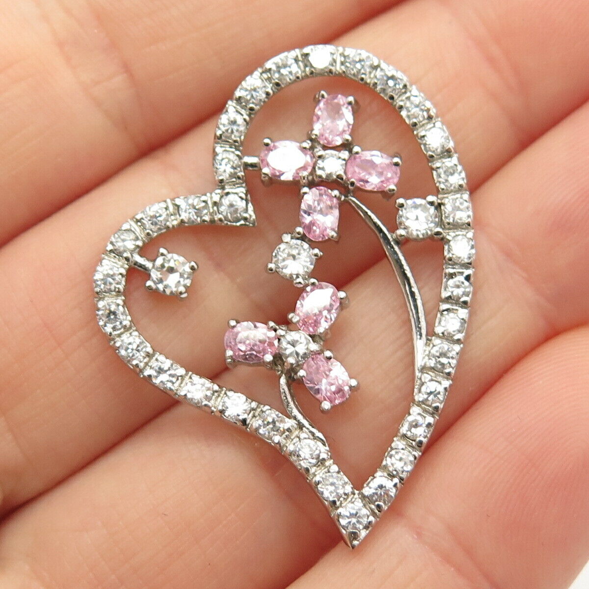 925 Sterling Silver White & Pink C Z Heart Floral Slide Pendant