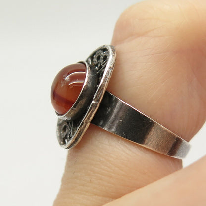 925 Sterling Silver Vintage Real Agate Gem Adjustable Ring Size 5.5