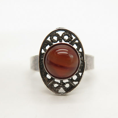 925 Sterling Silver Vintage Real Agate Gem Adjustable Ring Size 5.5