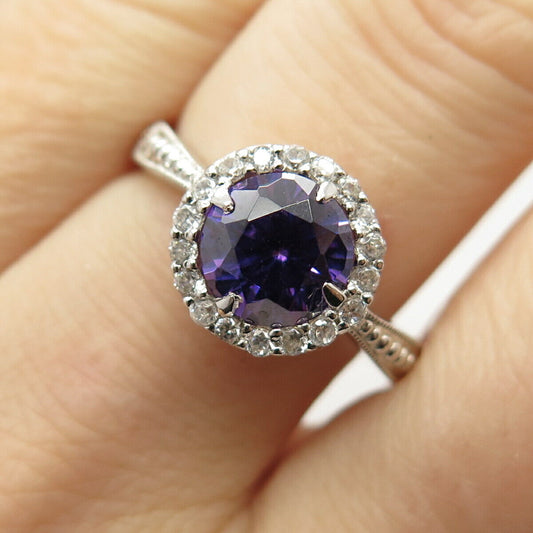 925 Sterling Silver White & Amethyst-Tone C Z  Ring Size 10 1/4