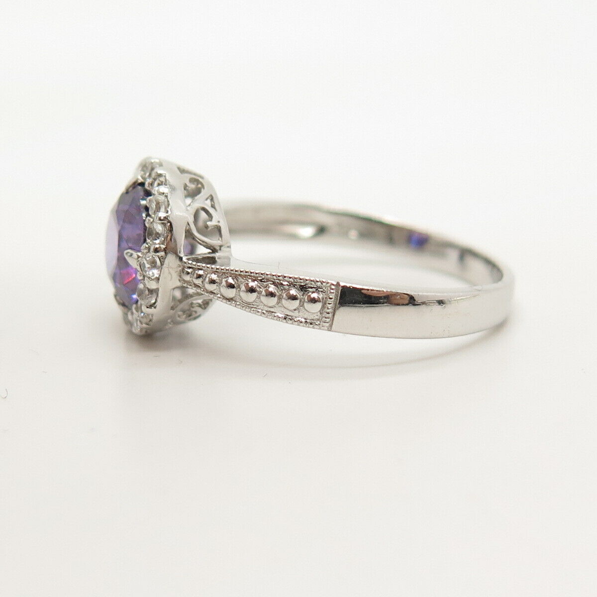 925 Sterling Silver White & Amethyst-Tone C Z  Ring Size 10 1/4