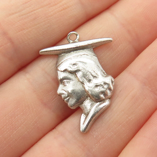 925 Sterling Silver Vintage Wells Girl in Graduation Hat Charm Pendant