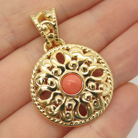 925 Sterling Silver Gold Plated Italy Real Coral Ornate Pendant