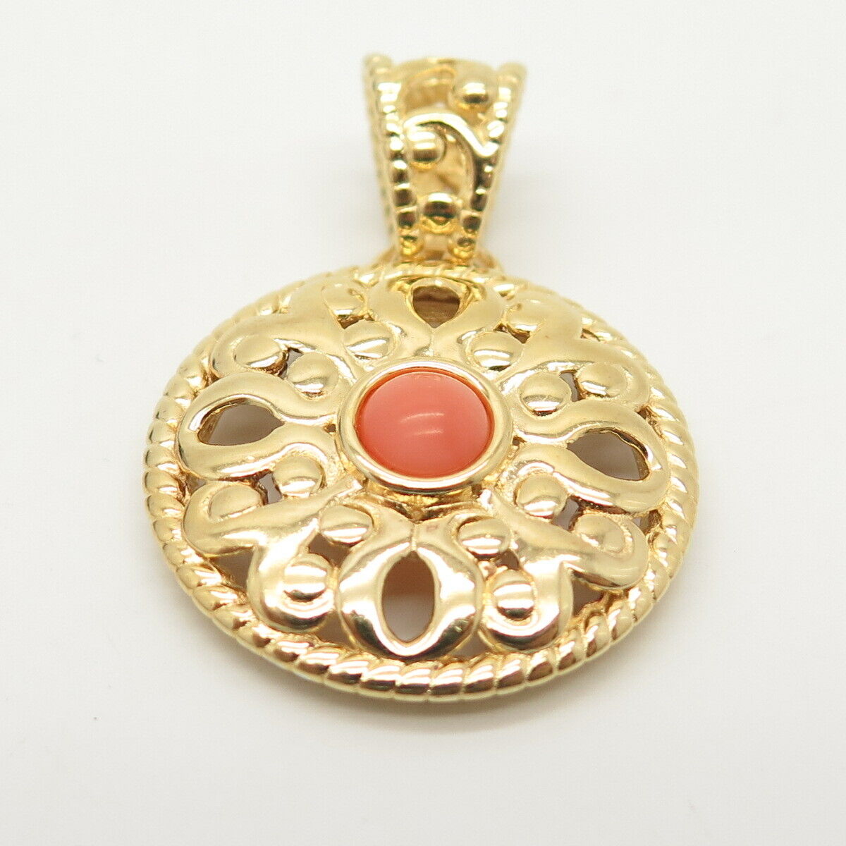 925 Sterling Silver Gold Plated Italy Real Coral Ornate Pendant