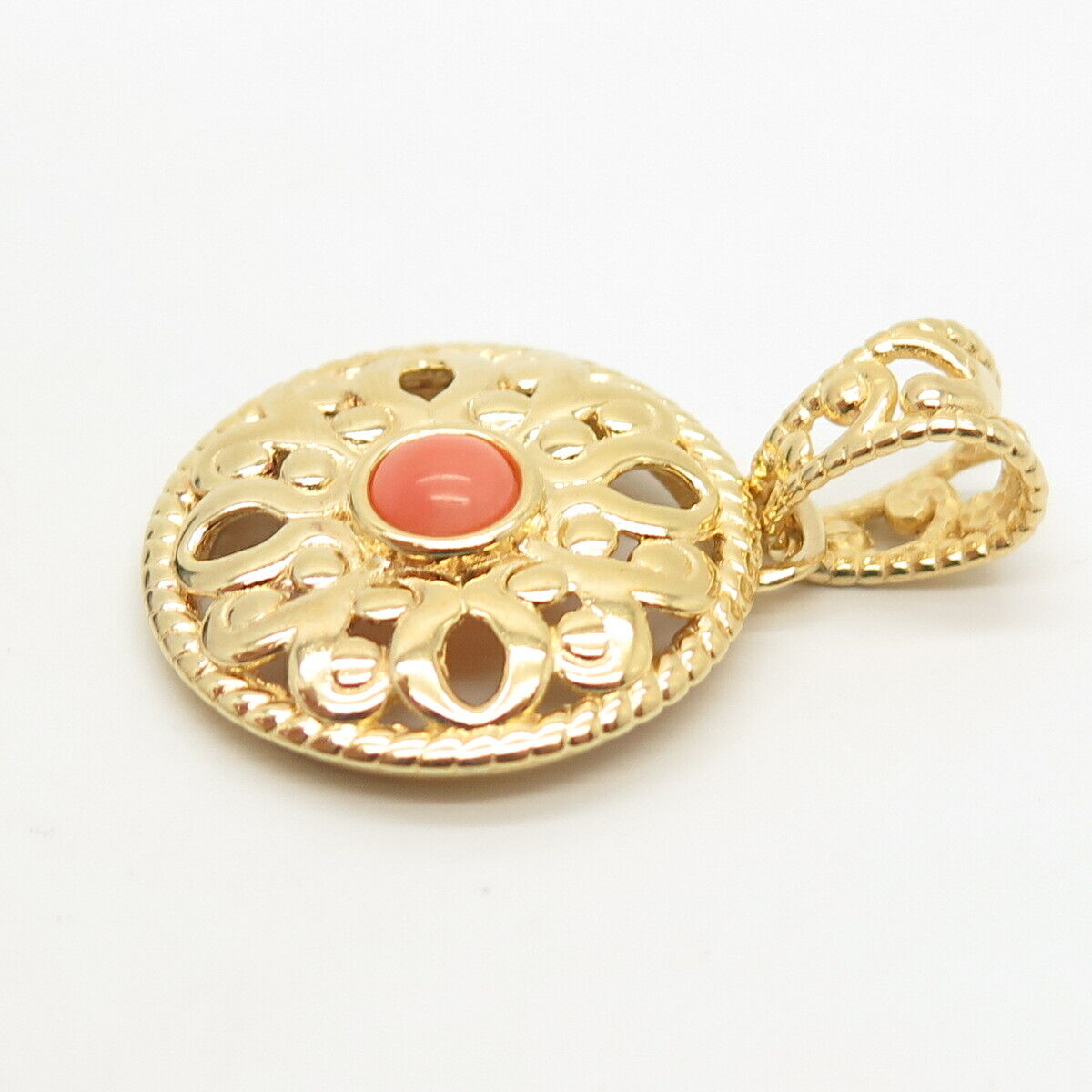 925 Sterling Silver Gold Plated Italy Real Coral Ornate Pendant