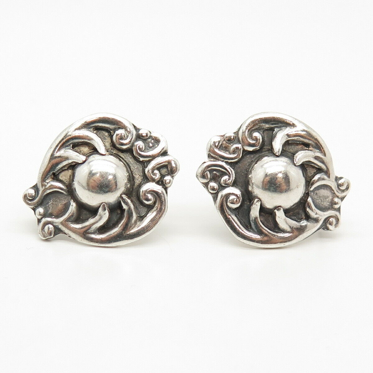 925 Sterling Silver Vintage Alpaca Swirl Design Screw Back Earrings