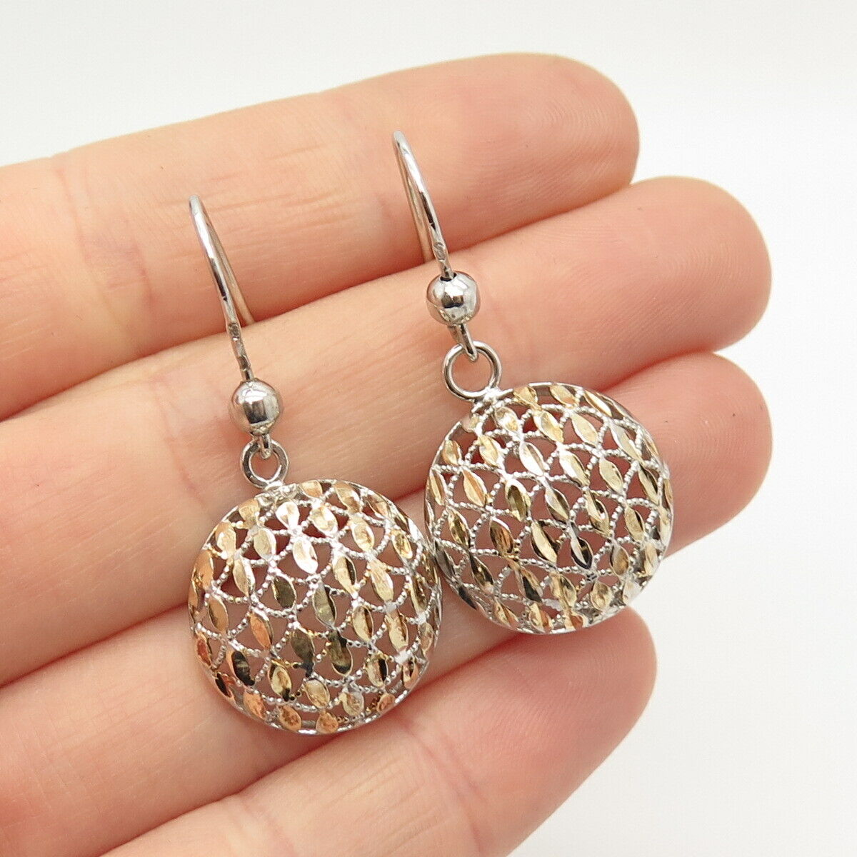 925 Sterling Silver 2-Tone Bead Domed Dangling Earrings