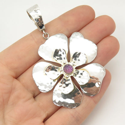 925 Sterling Silver Vintage Amethyst-Tone Glass Floral Pendant