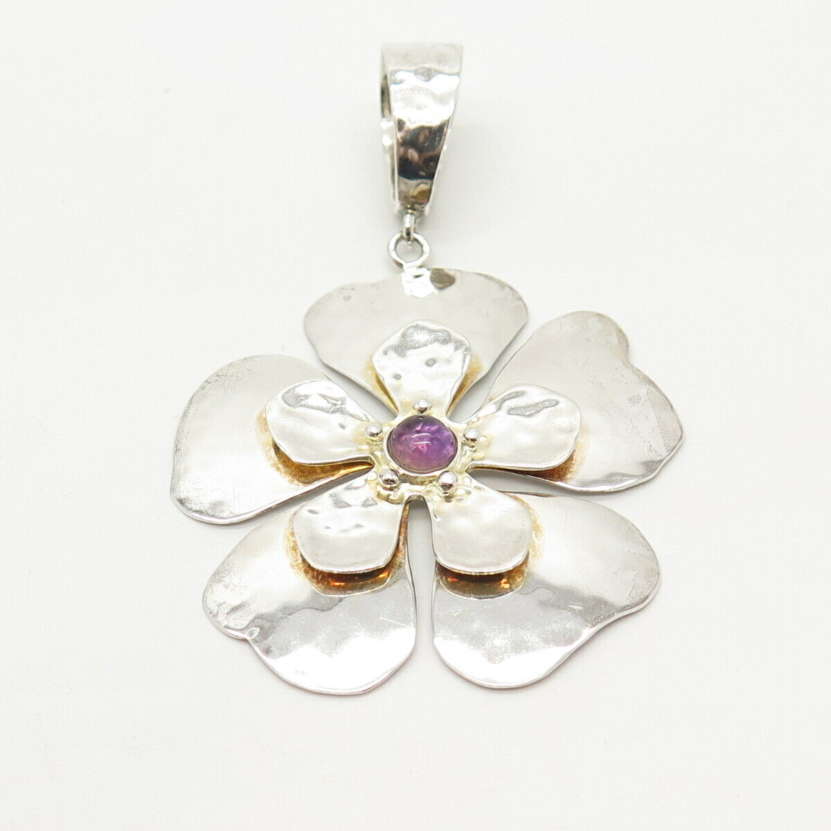 925 Sterling Silver Vintage Amethyst-Tone Glass Floral Pendant