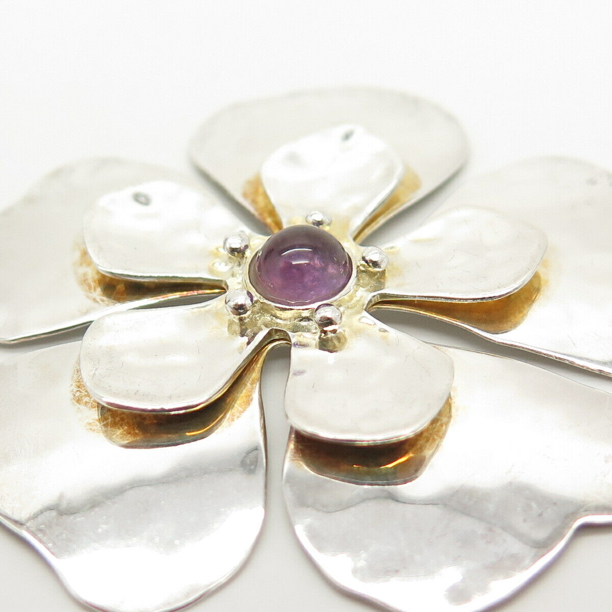 925 Sterling Silver Vintage Amethyst-Tone Glass Floral Pendant